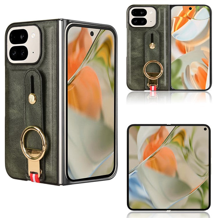 For Google Pixel 9 Pro Fold 5G Case Leather+PC+TPU Wristband Cover with Bottle Opener Ring - Green