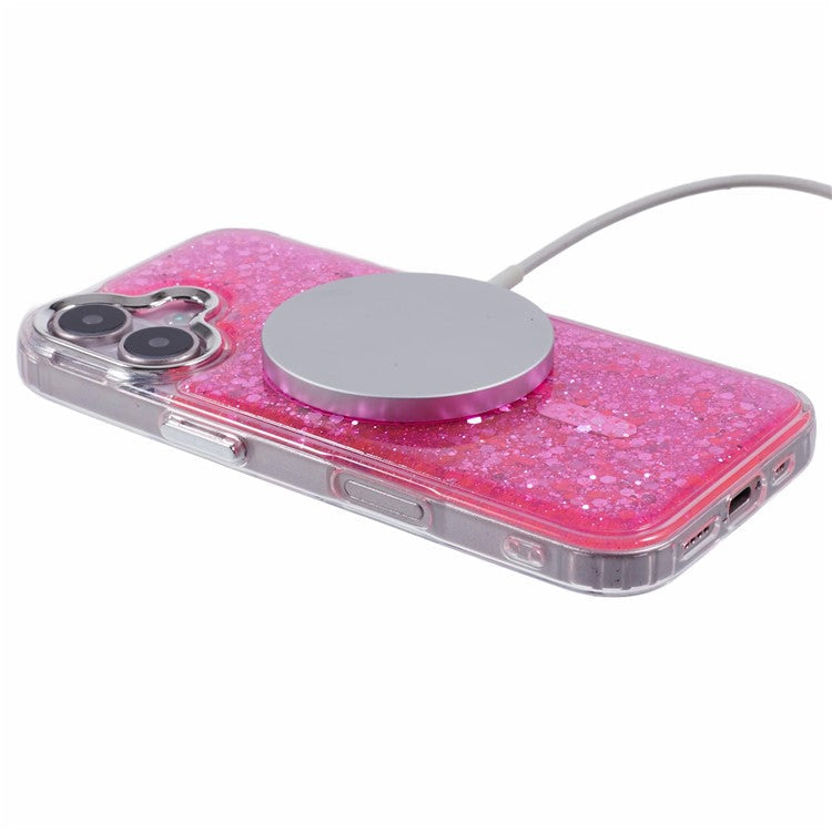 For iPhone 16 Case Compatible with MagSafe Glitter Sequin Epoxy TPU+Acrylic Phone Cover - Rose