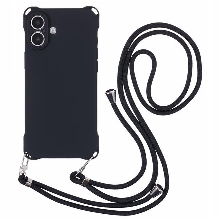 For iPhone 16 Case Four Corner Anti Drop TPU Phone Cover with Hanging Rope - Black