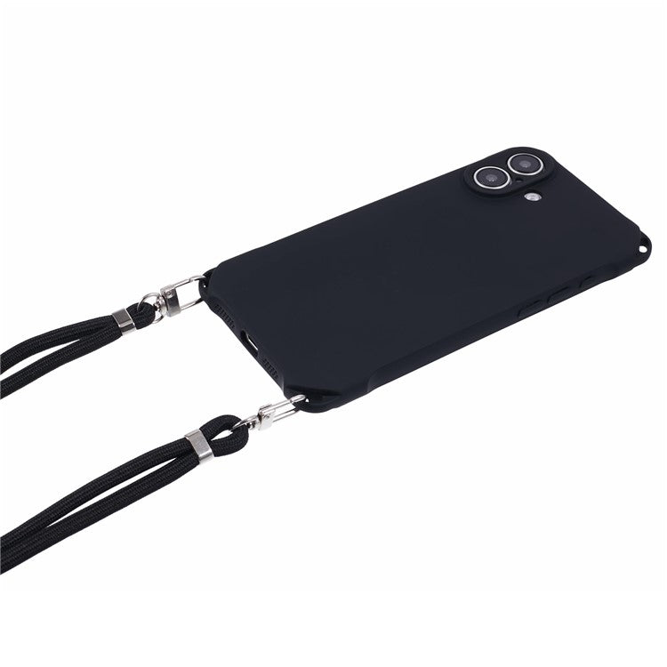 For iPhone 16 Case Four Corner Anti Drop TPU Phone Cover with Hanging Rope - Black