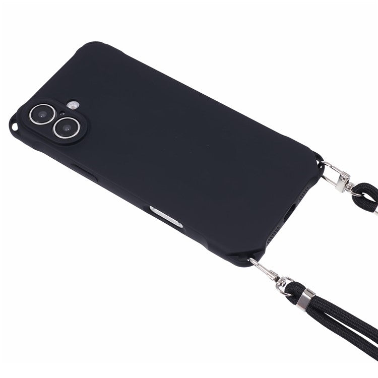 For iPhone 16 Case Four Corner Anti Drop TPU Phone Cover with Hanging Rope - Black