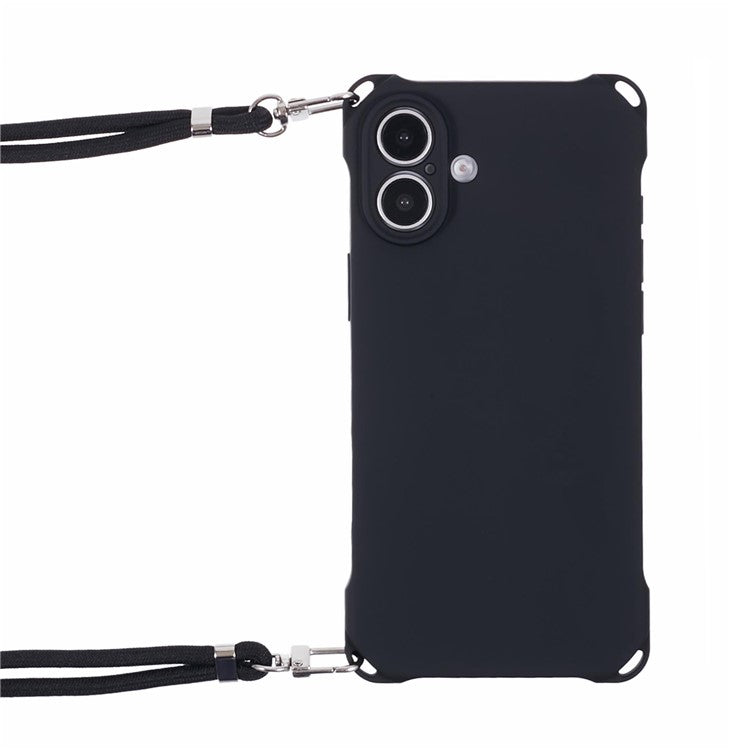 For iPhone 16 Case Four Corner Anti Drop TPU Phone Cover with Hanging Rope - Black