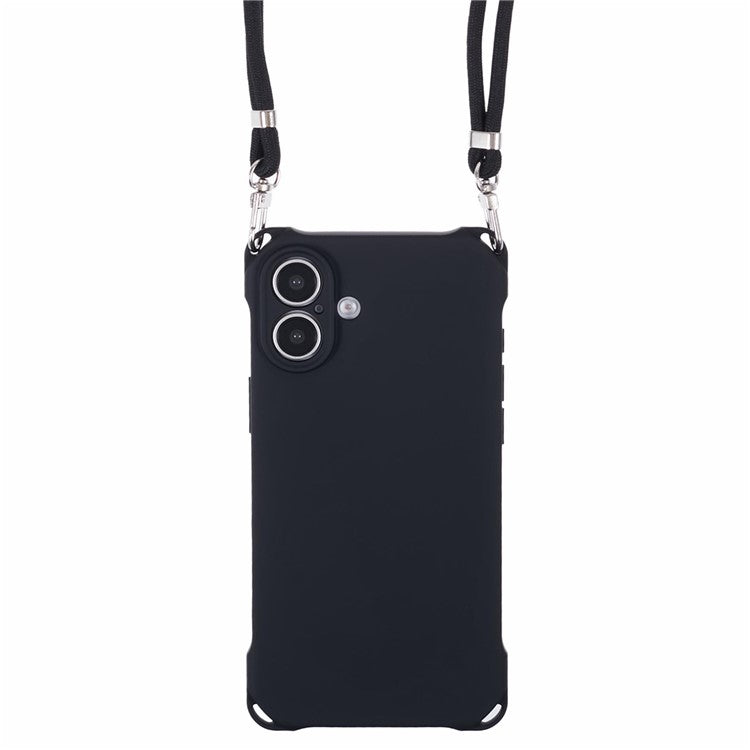 For iPhone 16 Case Four Corner Anti Drop TPU Phone Cover with Hanging Rope - Black
