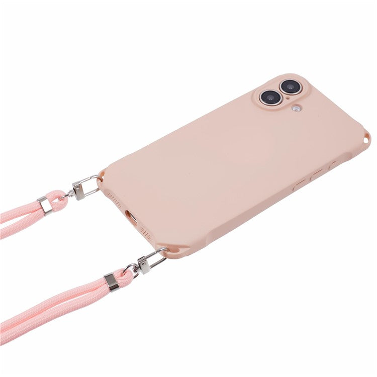 For iPhone 16 Case Four Corner Anti Drop TPU Phone Cover with Hanging Rope - Pink