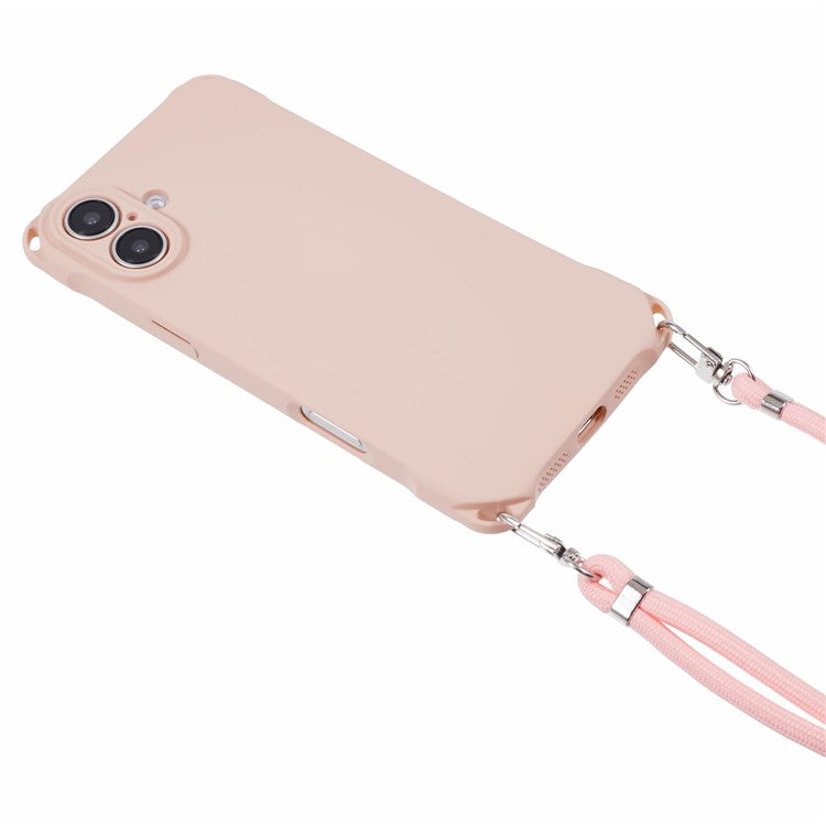 For iPhone 16 Case Four Corner Anti Drop TPU Phone Cover with Hanging Rope - Pink