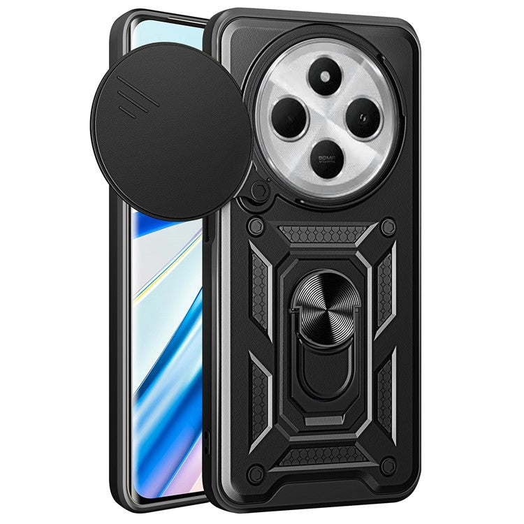 For Xiaomi Poco C75 4G / Redmi 14R 5G / 14C 4G Case with Slide Camera Lid PC+TPU Kickstand Phone Cover - Black