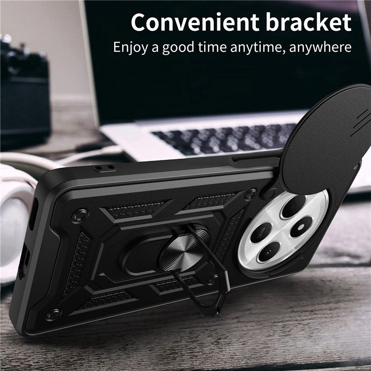 For Xiaomi Poco C75 4G / Redmi 14R 5G / 14C 4G Case with Slide Camera Lid PC+TPU Kickstand Phone Cover - Black