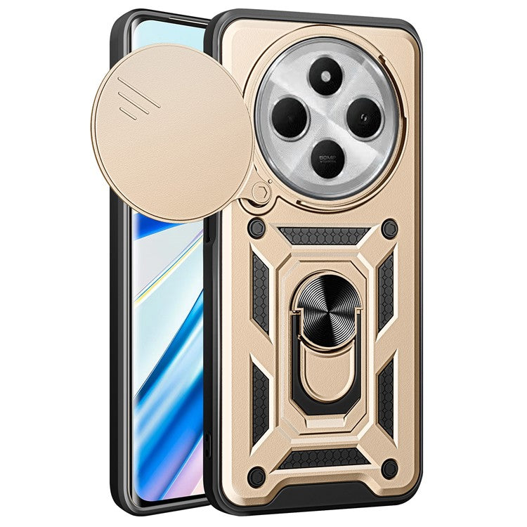 For Xiaomi Poco C75 4G / Redmi 14R 5G / 14C 4G Case with Slide Camera Lid PC+TPU Kickstand Phone Cover - Gold