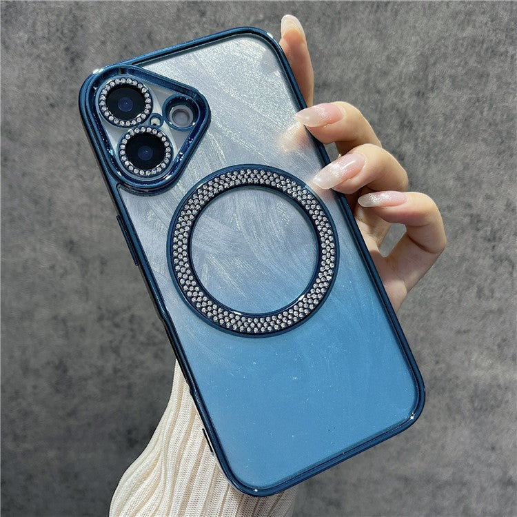 For iPhone 16 Magnetic Case Feather Texture Bling Sparkly TPU + PC Phone Cover - Dark Blue
