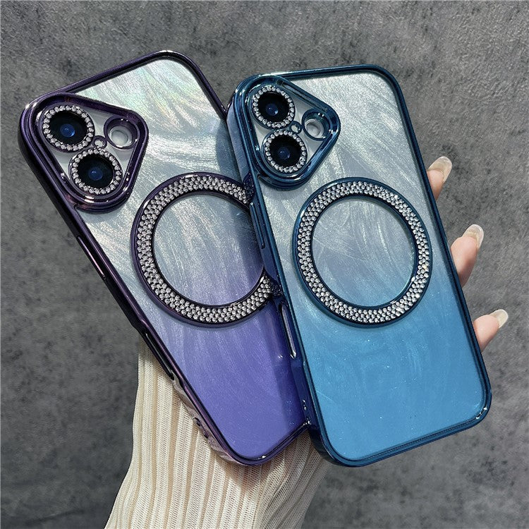 For iPhone 16 Magnetic Case Feather Texture Bling Sparkly TPU + PC Phone Cover - Dark Blue