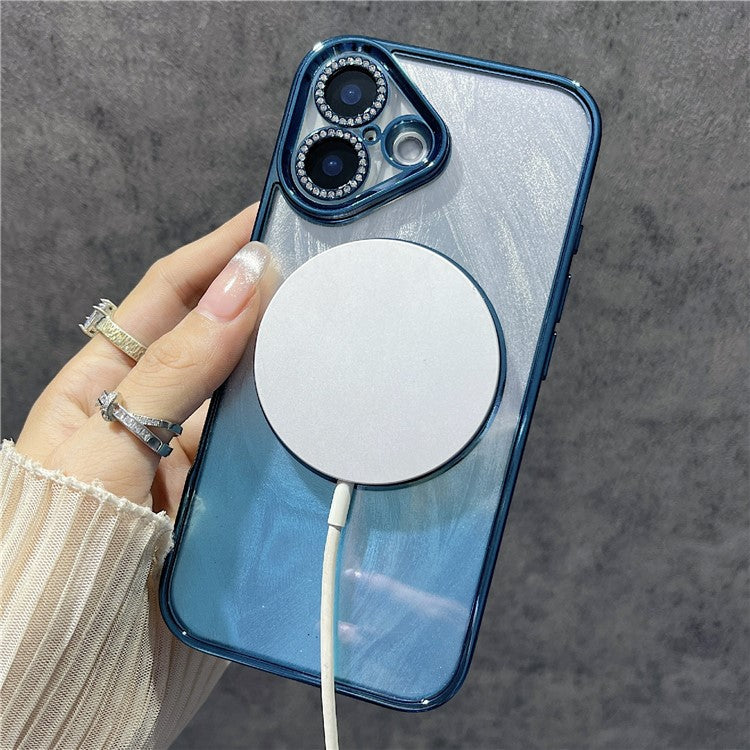 For iPhone 16 Magnetic Case Feather Texture Bling Sparkly TPU + PC Phone Cover - Dark Blue