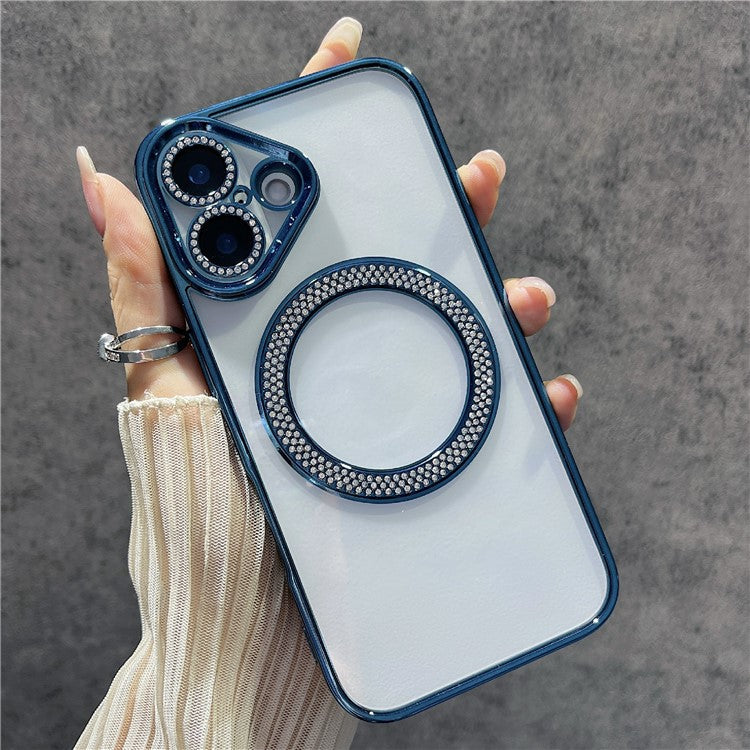 For iPhone 16 Magnetic Case Bling Rhinestone Clear TPU + PC Phone Cover - Blue