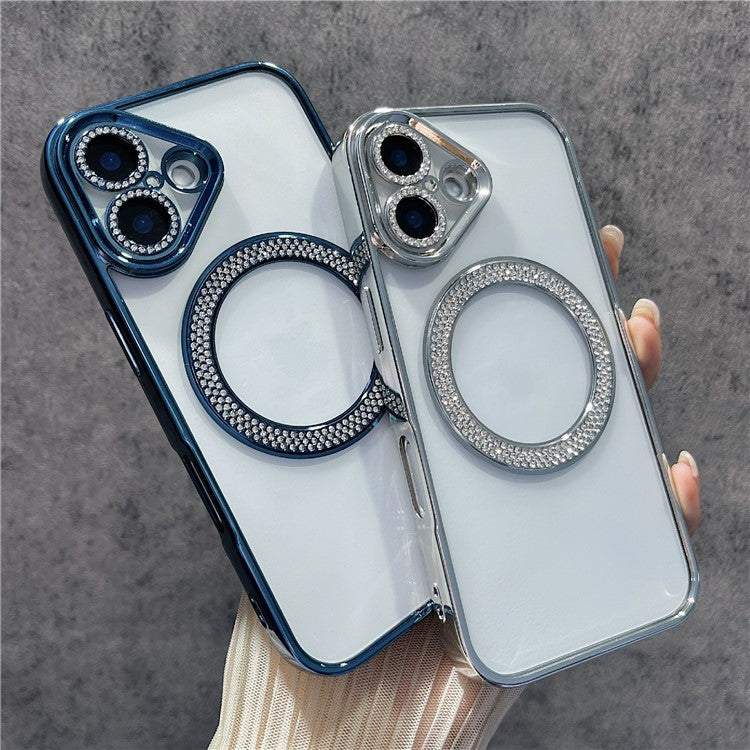 For iPhone 16 Magnetic Case Bling Rhinestone Clear TPU + PC Phone Cover - Blue