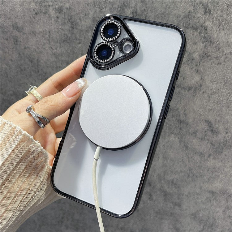 For iPhone 16 Magnetic Case Bling Rhinestone Clear TPU + PC Phone Cover - Blue