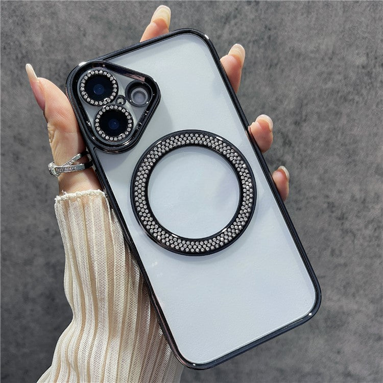 For iPhone 16 Plus Magnetic Case Bling Rhinestone Clear TPU + PC Phone Cover - Black