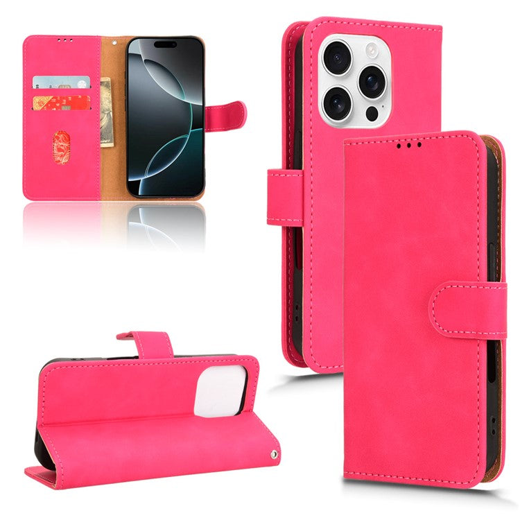 For iPhone 16 Pro Leather Case Skin-Feel Anti-Drop Wallet Flip Phone Cover - Rose