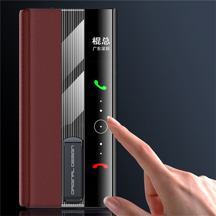 For Huawei Mate XT Ultimate Case Kickstand View Window Genuine Cow Leather+PC Phone Cover - Red