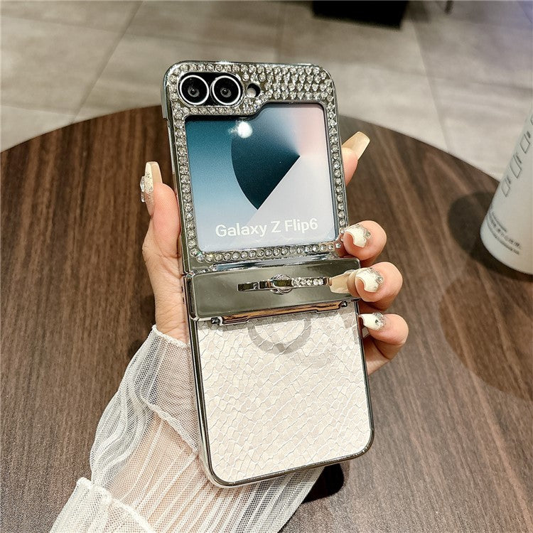 For Samsung Galaxy Z Flip6 5G Case Fish Scale Texture Ring Holder PC Rhinestone Phone Cover - White