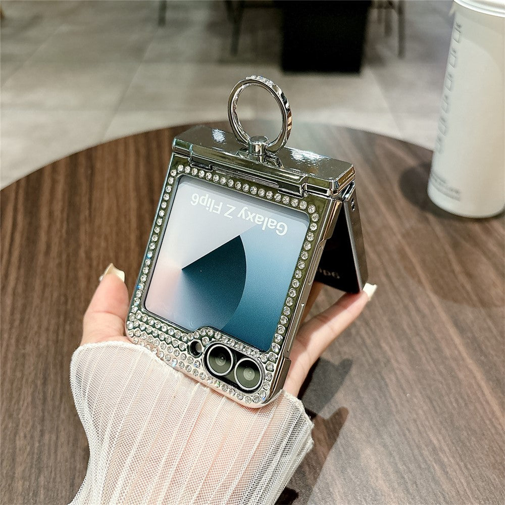 For Samsung Galaxy Z Flip7 FE 5G / Z Flip6 5G Case Fish Scale Texture Ring Holder PC Rhinestone Phone Cover - Green