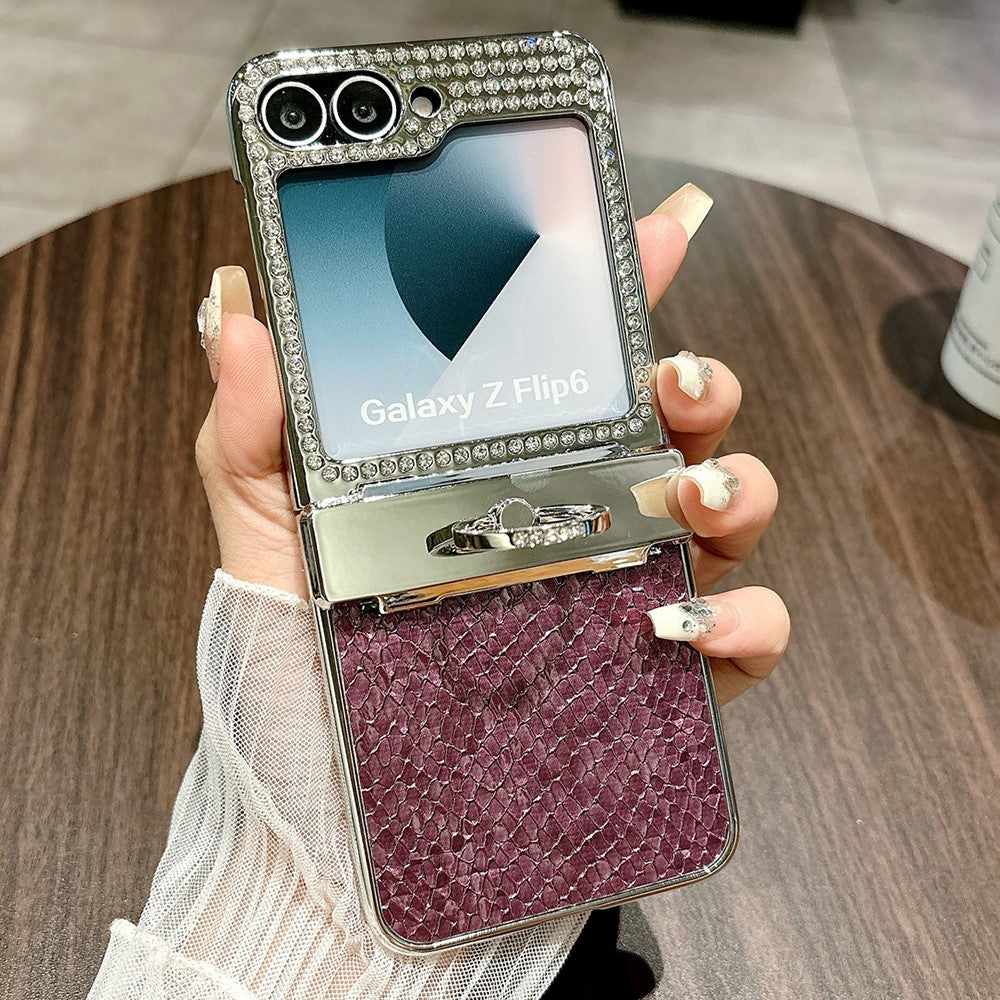 For Samsung Galaxy Z Flip7 FE 5G / Z Flip6 5G Case Fish Scale Texture Ring Holder PC Rhinestone Phone Cover - Purple