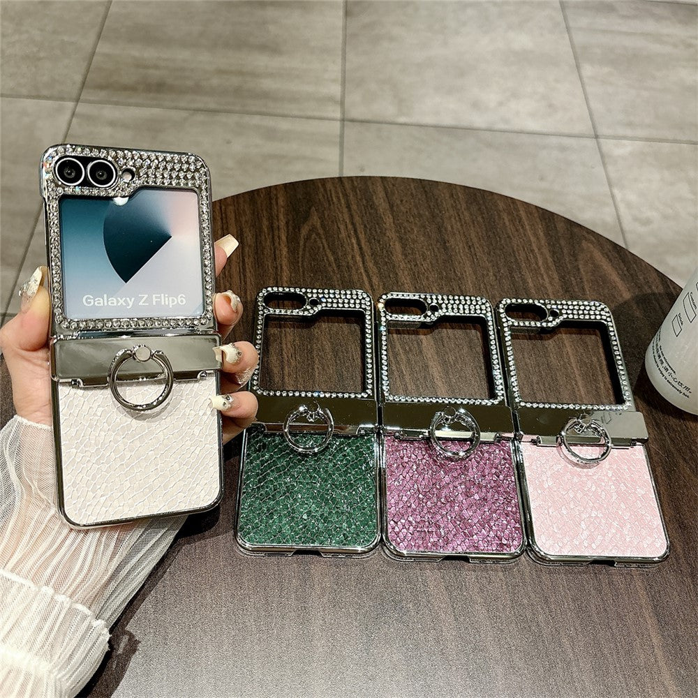 For Samsung Galaxy Z Flip7 FE 5G / Z Flip6 5G Case Fish Scale Texture Ring Holder PC Rhinestone Phone Cover - Pink