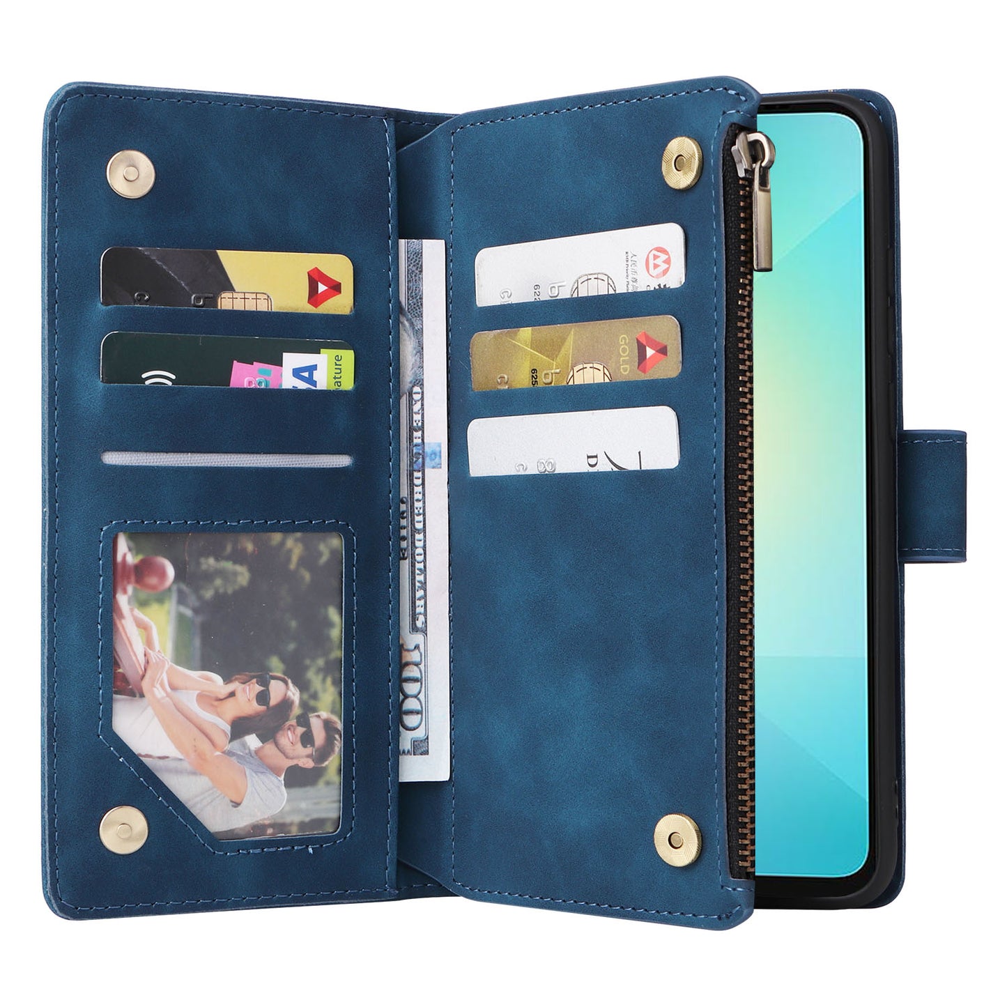 For Samsung Galaxy A06 Case Zipper Wallet Multiple Card Slots Leather Phone Cover - Blue