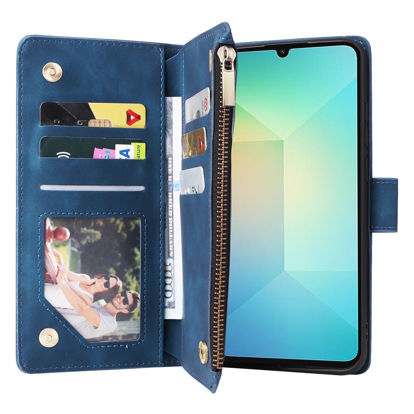 For Samsung Galaxy A06 Case Zipper Wallet Multiple Card Slots Leather Phone Cover - Blue