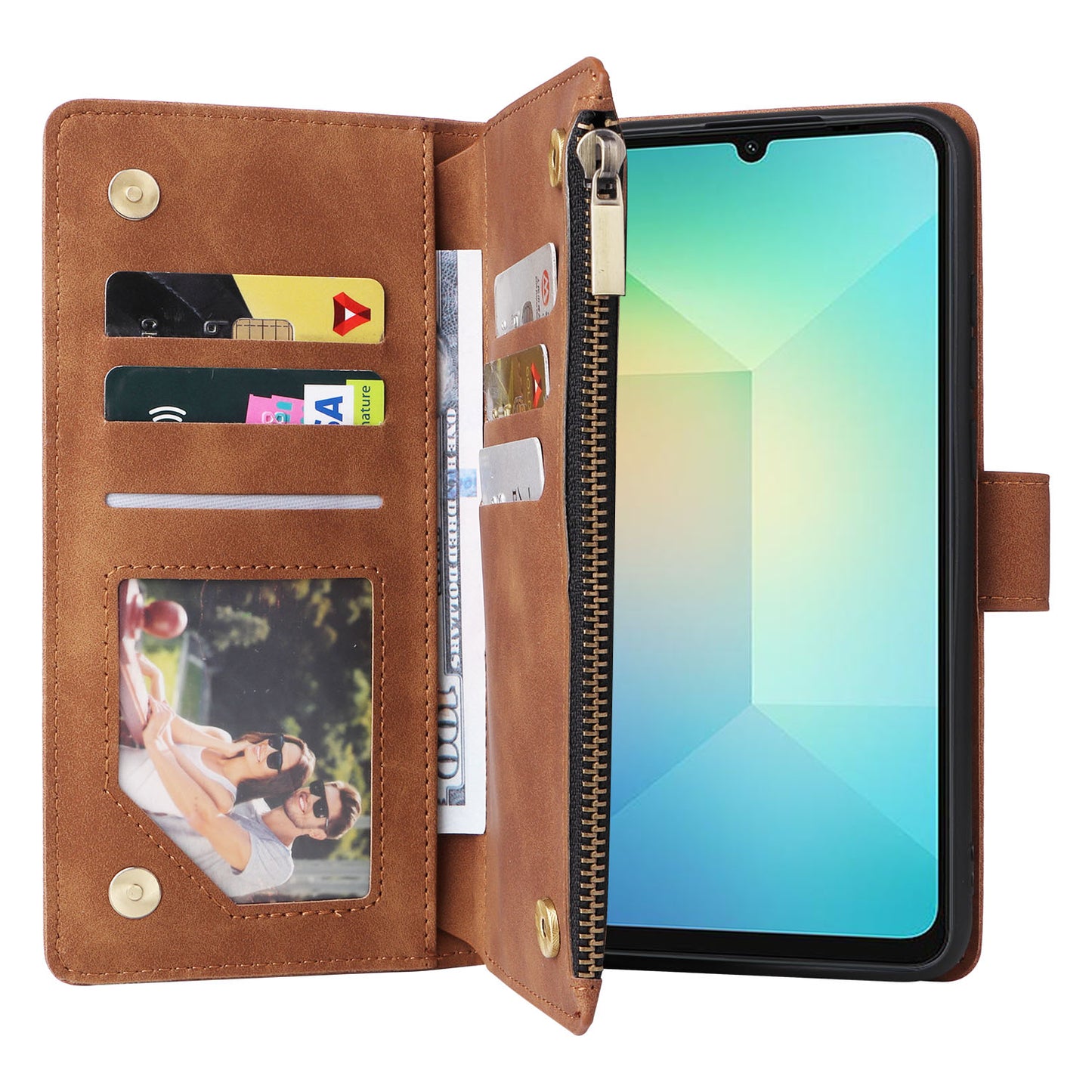 For Samsung Galaxy A06 Case Zipper Wallet Multiple Card Slots Leather Phone Cover - Brown