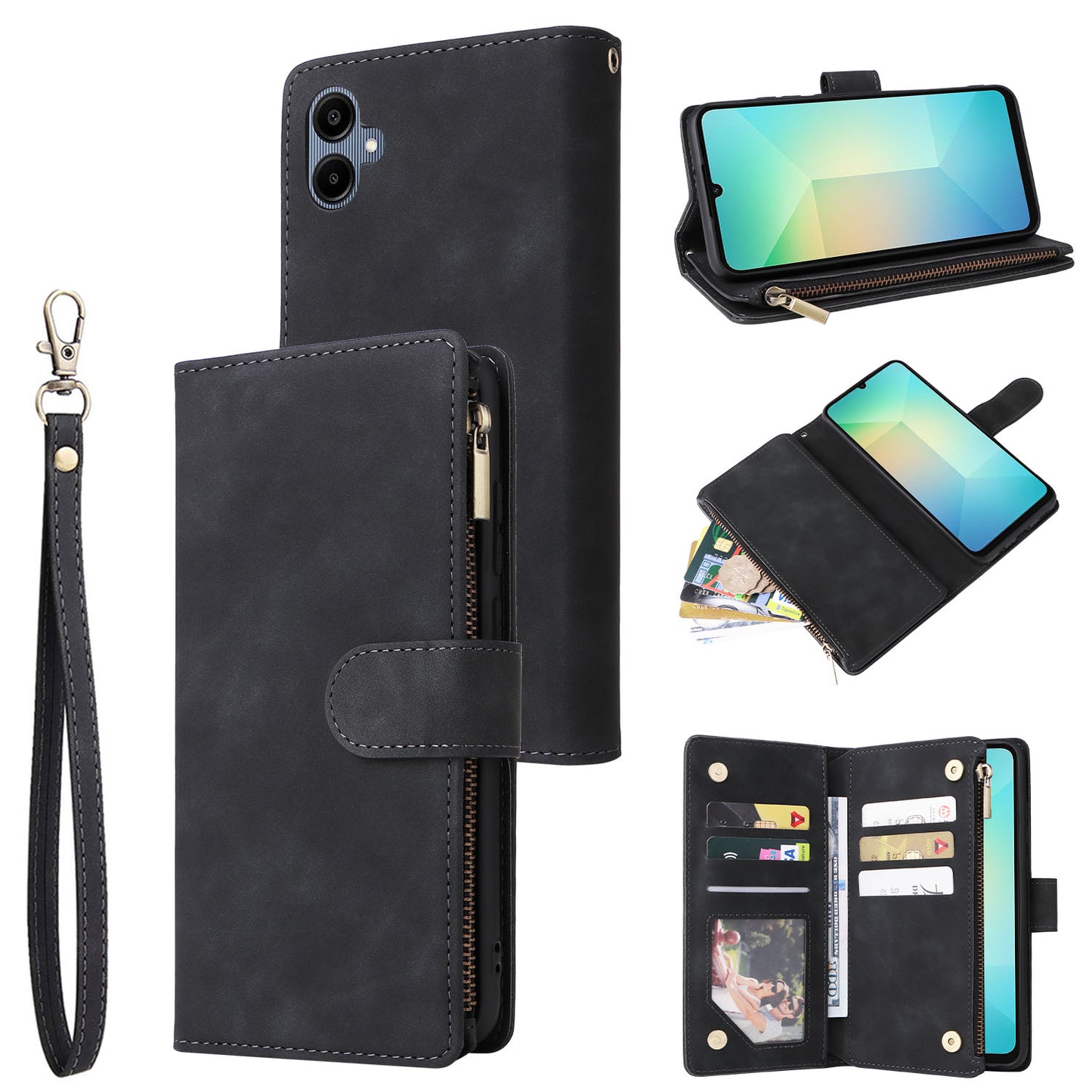 For Samsung Galaxy A06 Case Zipper Wallet Multiple Card Slots Leather Phone Cover - Black