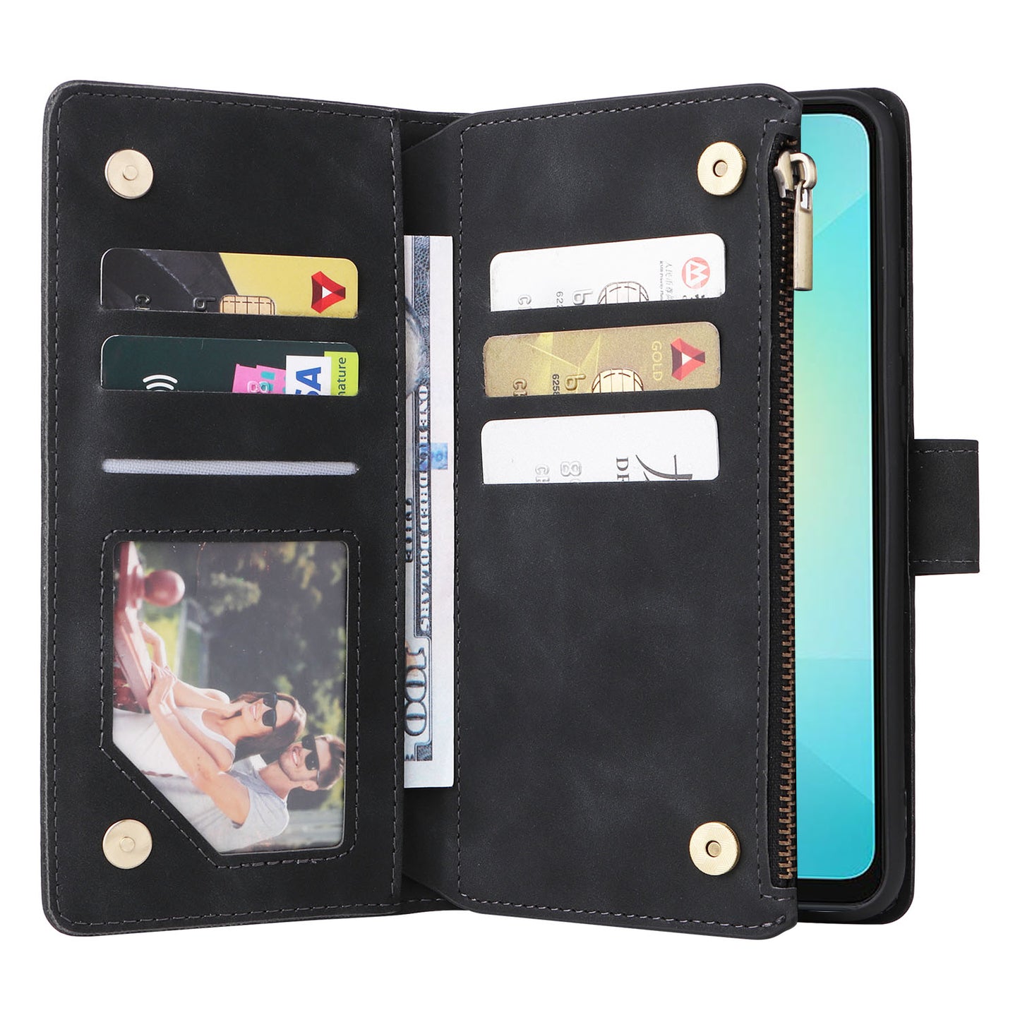 For Samsung Galaxy A06 Case Zipper Wallet Multiple Card Slots Leather Phone Cover - Black