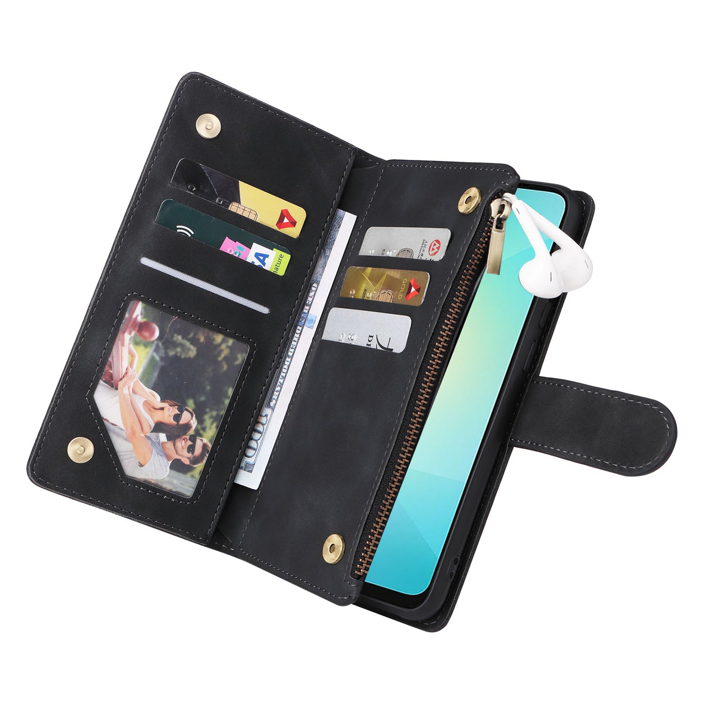 For Samsung Galaxy A06 Case Zipper Wallet Multiple Card Slots Leather Phone Cover - Black