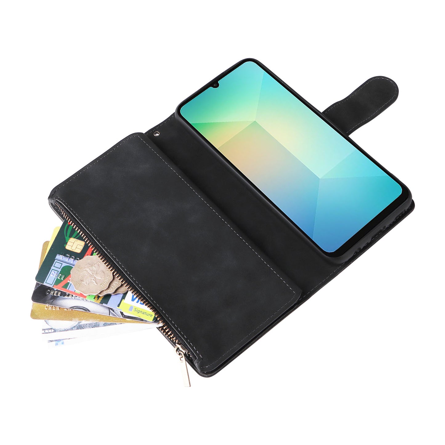 For Samsung Galaxy A06 Case Zipper Wallet Multiple Card Slots Leather Phone Cover - Black