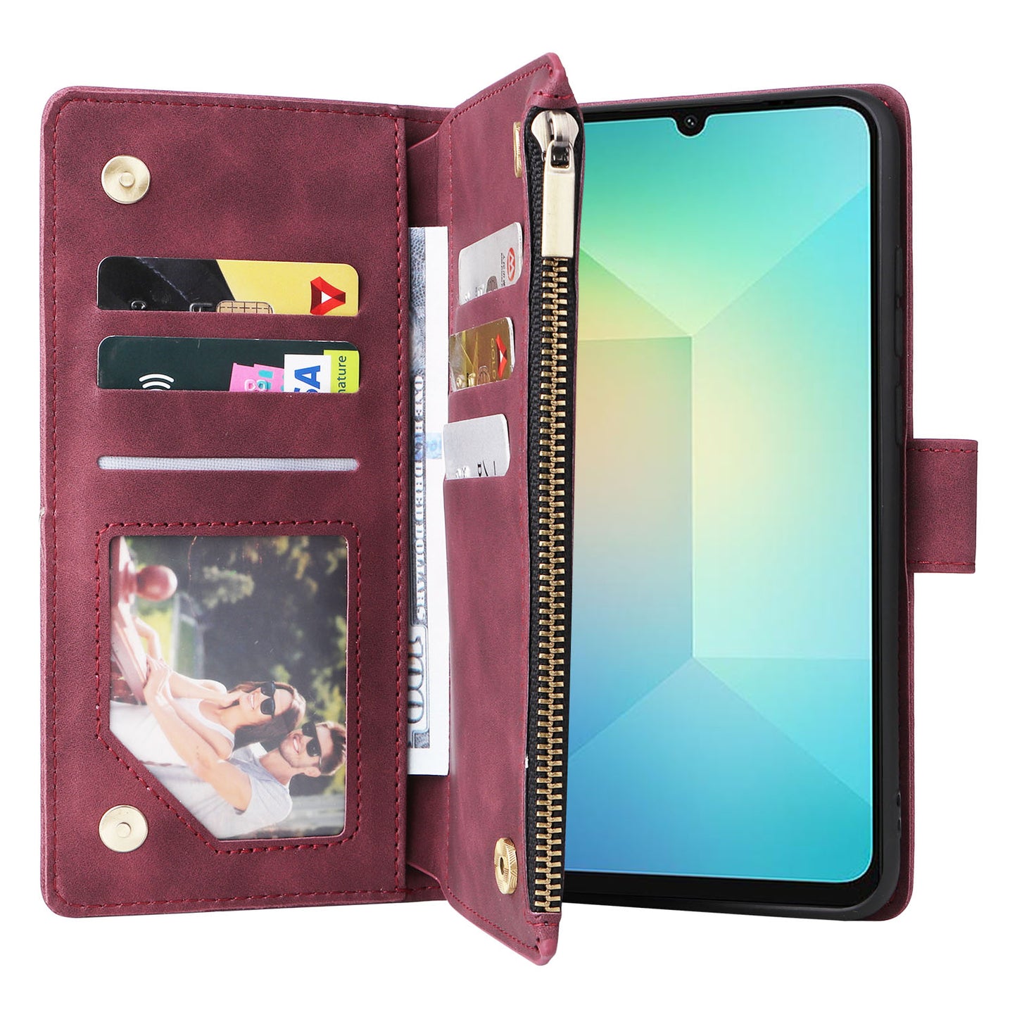 For Samsung Galaxy A06 Case Zipper Wallet Multiple Card Slots Leather Phone Cover - Wine Red