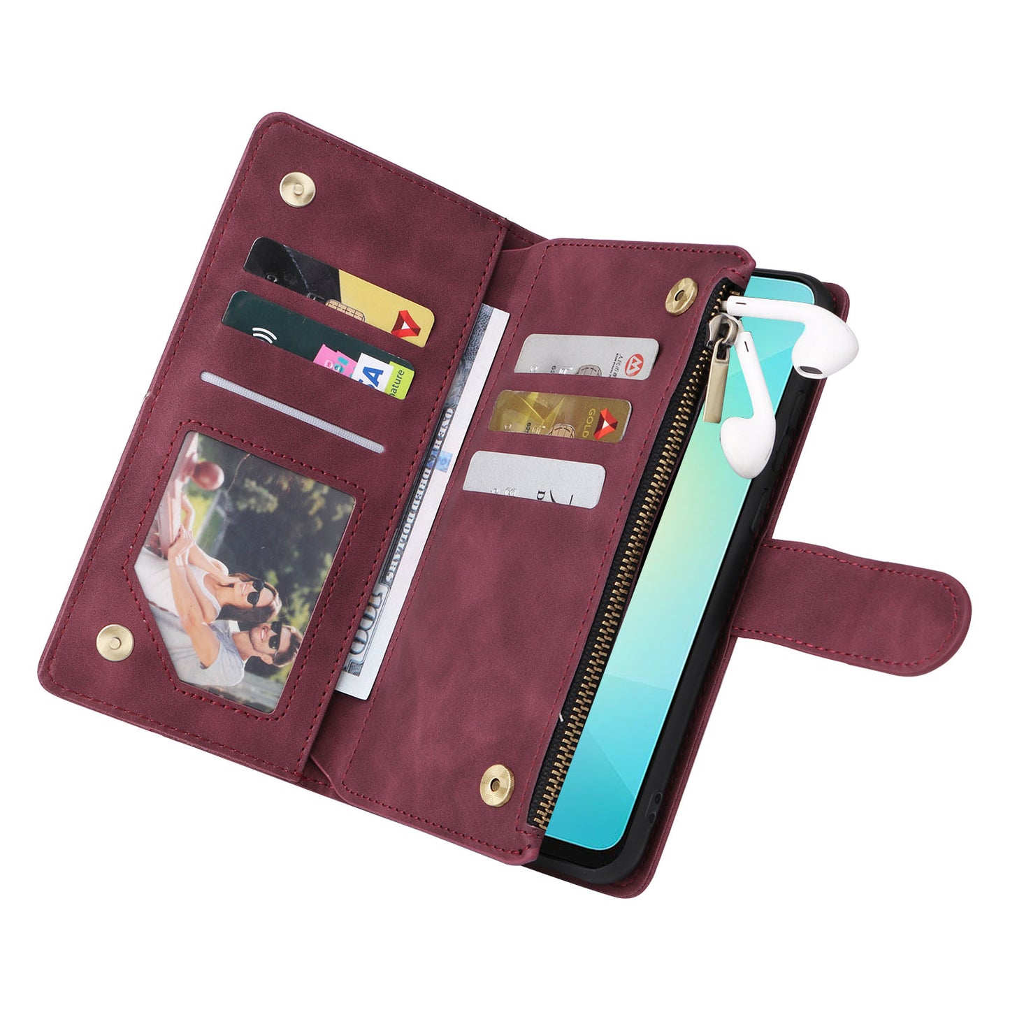 For Samsung Galaxy A06 Case Zipper Wallet Multiple Card Slots Leather Phone Cover - Wine Red