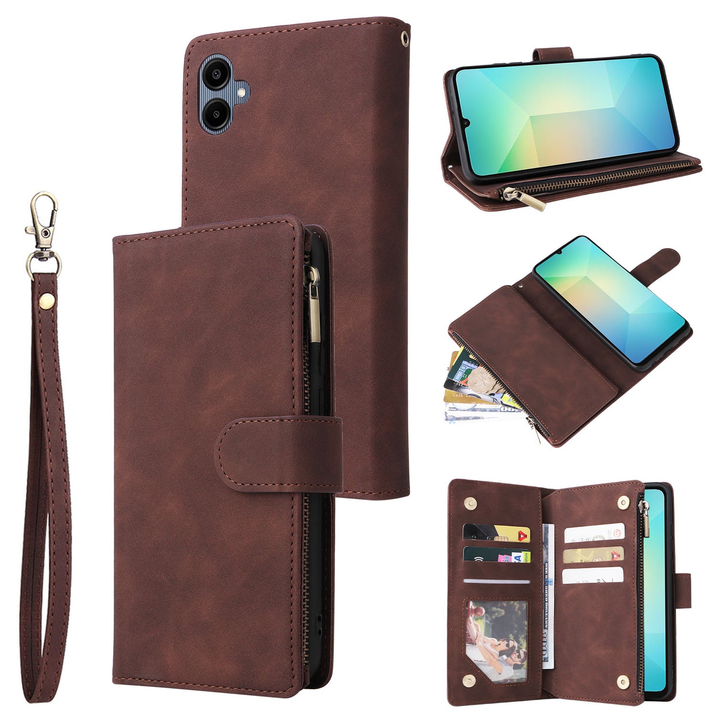 For Samsung Galaxy A06 Case Zipper Wallet Multiple Card Slots Leather Phone Cover - Coffee