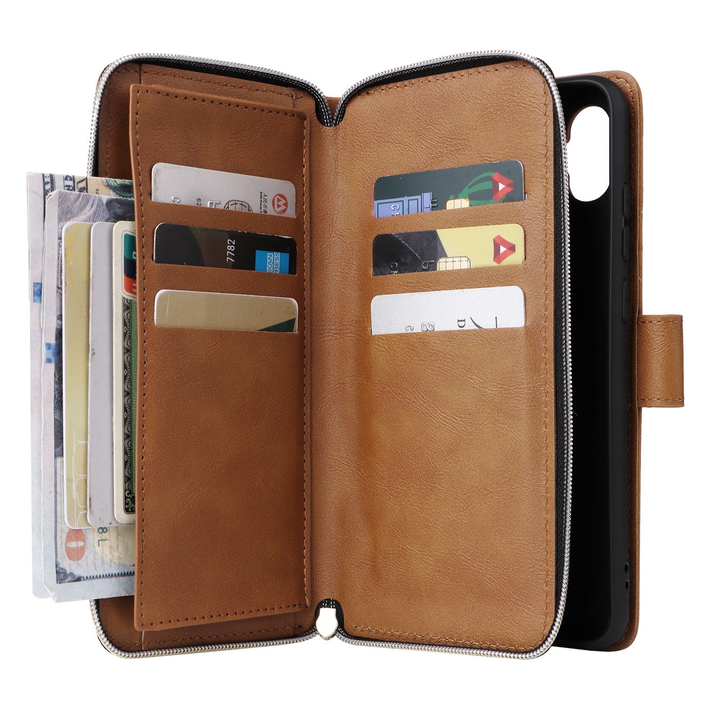 For Samsung Galaxy A06 Case Zipper Pocket PU Leather Phone Cover with Hand Strap - Brown