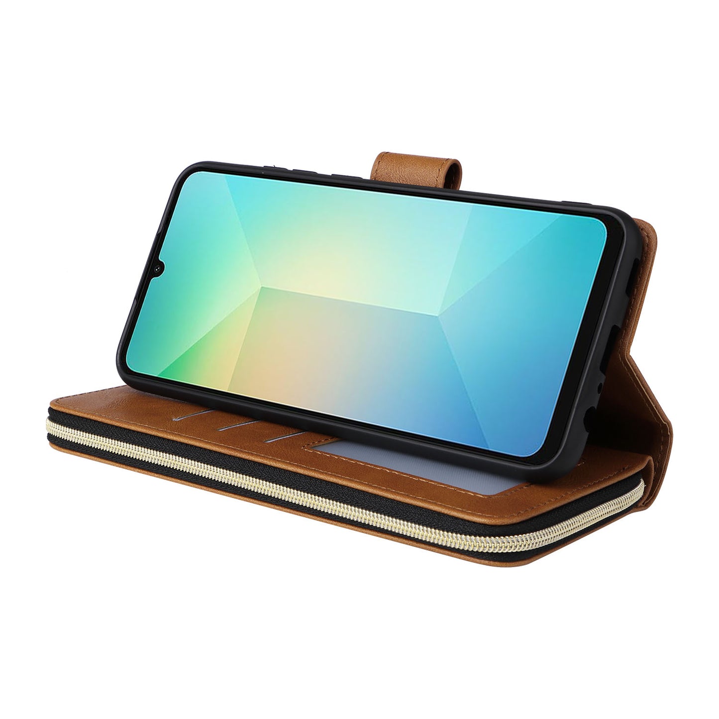 For Samsung Galaxy A06 Case Zipper Pocket PU Leather Phone Cover with Hand Strap - Brown