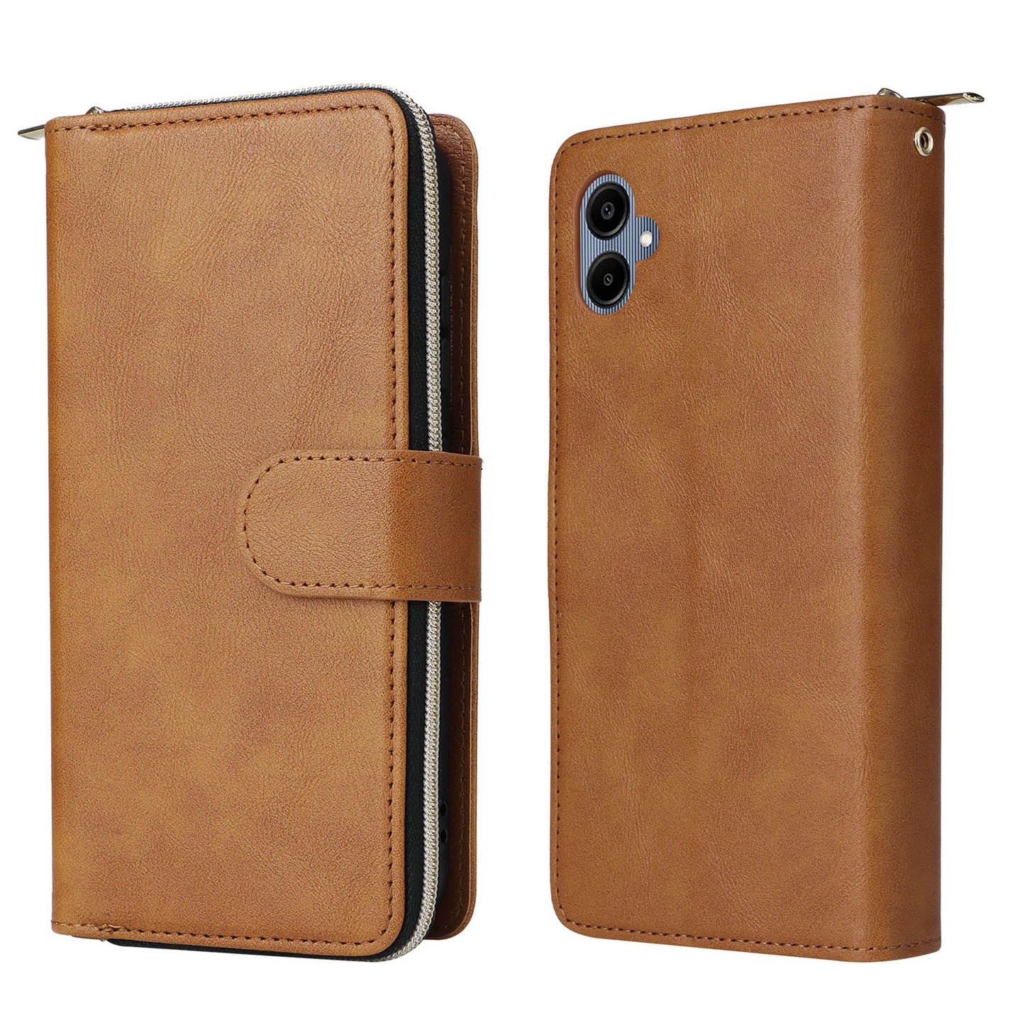 For Samsung Galaxy A06 Case Zipper Pocket PU Leather Phone Cover with Hand Strap - Brown
