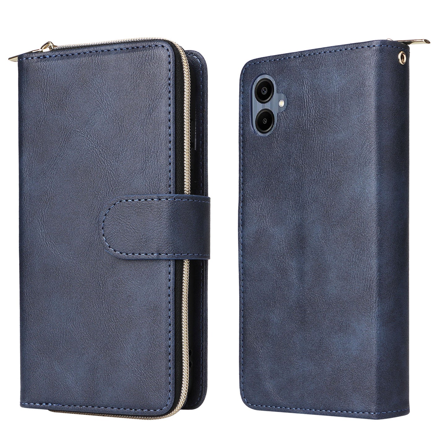 For Samsung Galaxy A06 Case Zipper Pocket PU Leather Phone Cover with Hand Strap - Blue