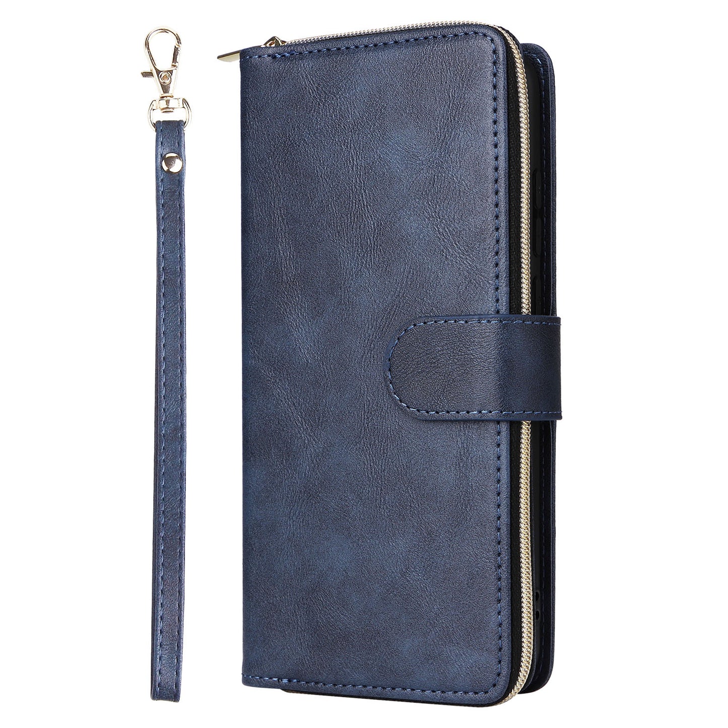 For Samsung Galaxy A06 Case Zipper Pocket PU Leather Phone Cover with Hand Strap - Blue