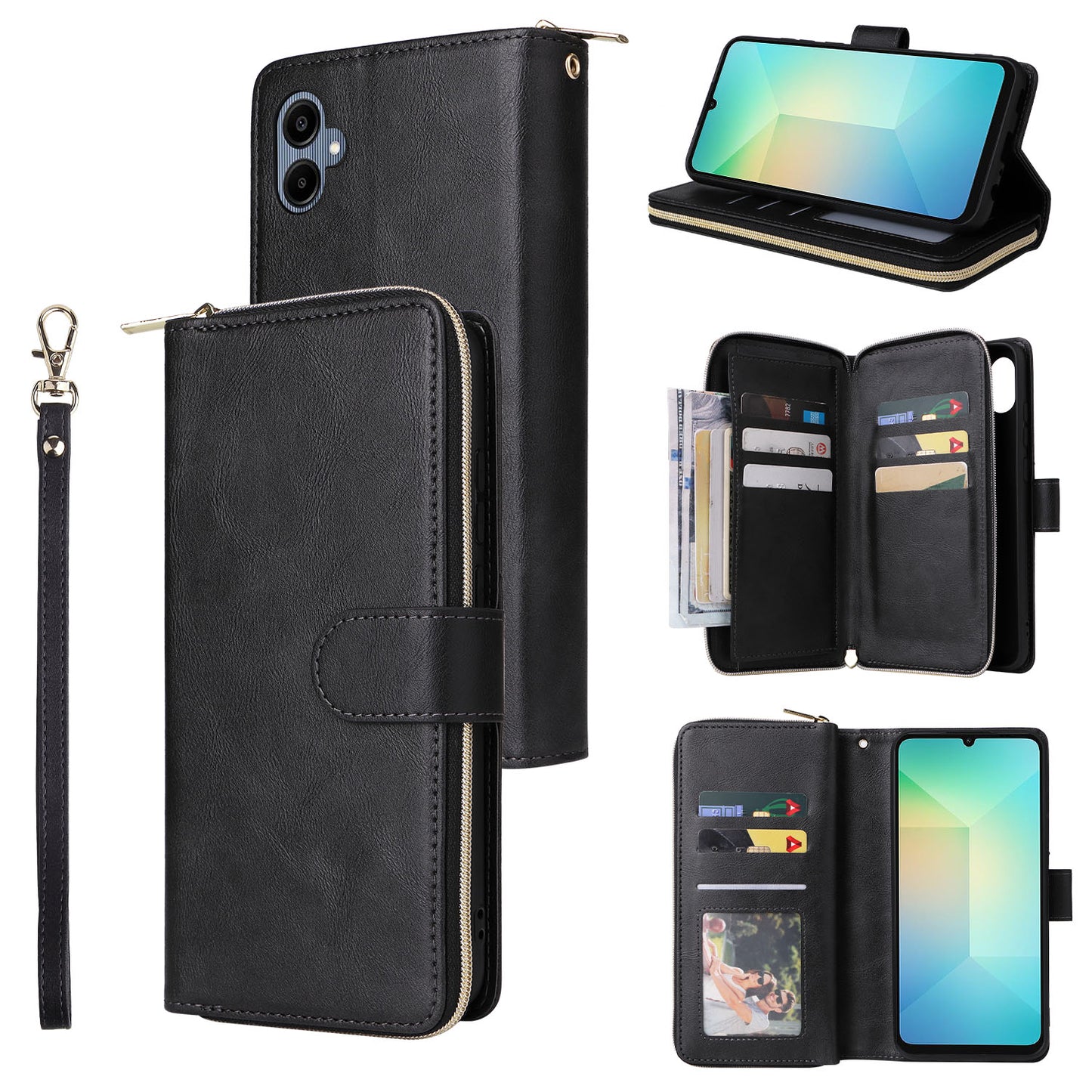 For Samsung Galaxy A06 Case Zipper Pocket PU Leather Phone Cover with Hand Strap - Black