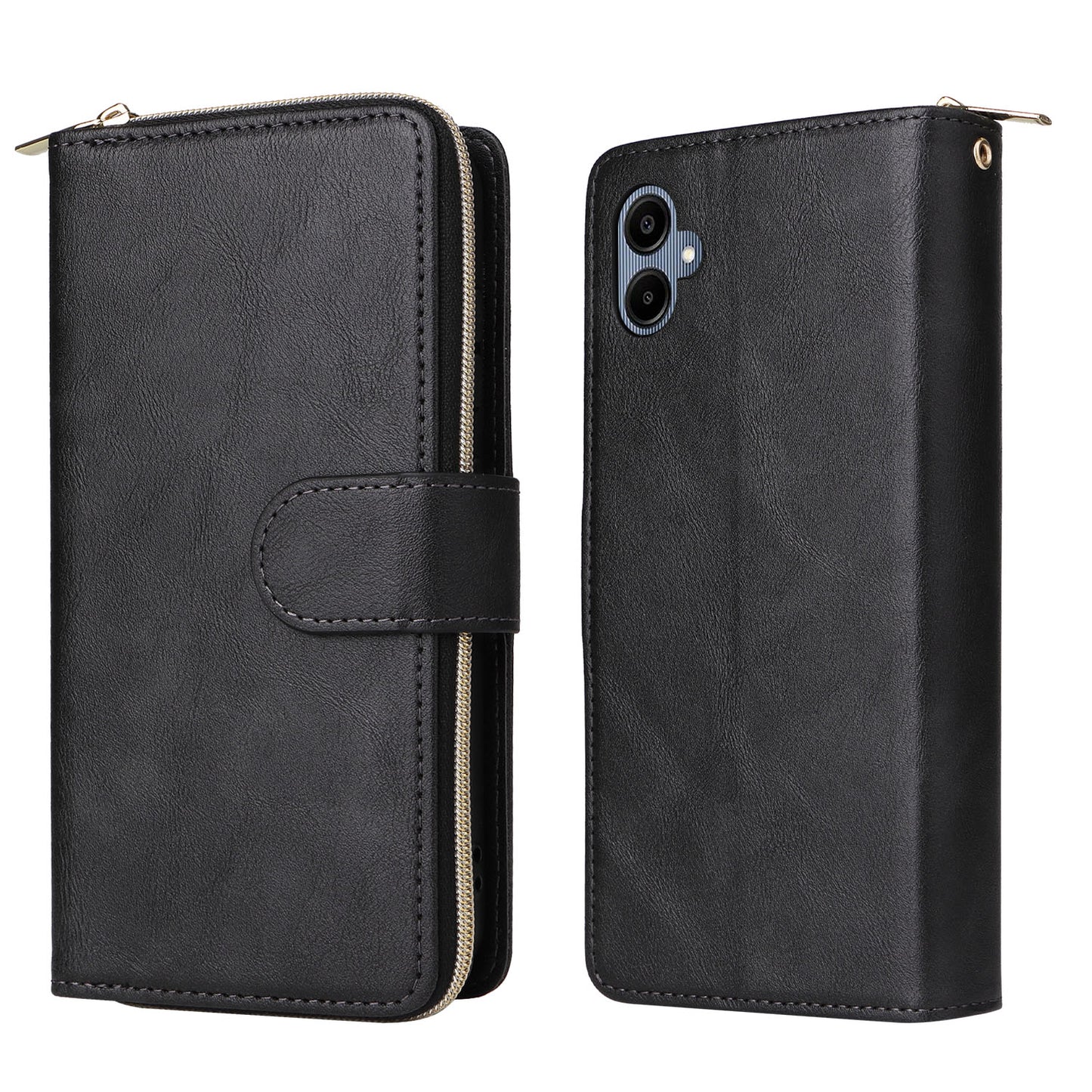 For Samsung Galaxy A06 Case Zipper Pocket PU Leather Phone Cover with Hand Strap - Black
