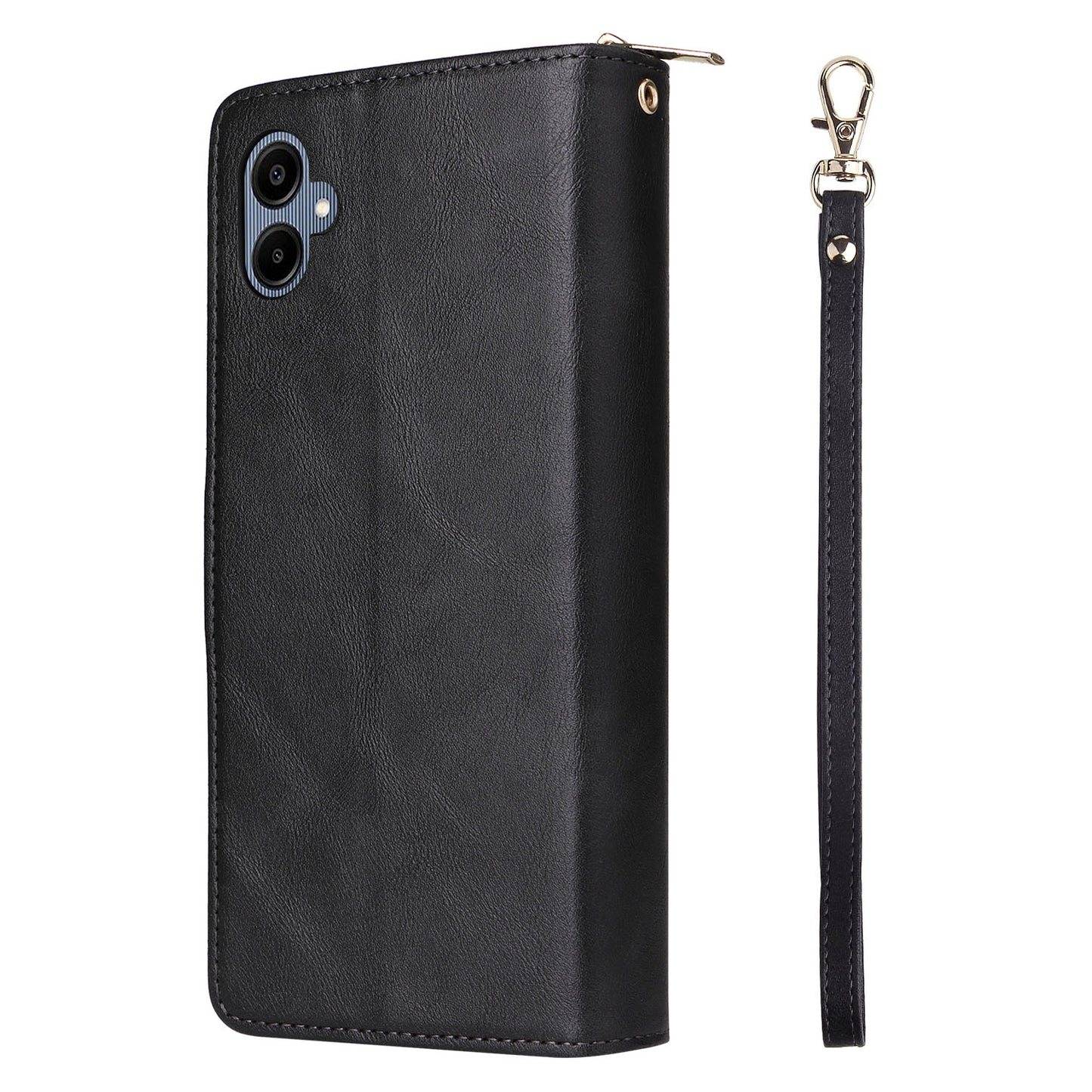 For Samsung Galaxy A06 Case Zipper Pocket PU Leather Phone Cover with Hand Strap - Black