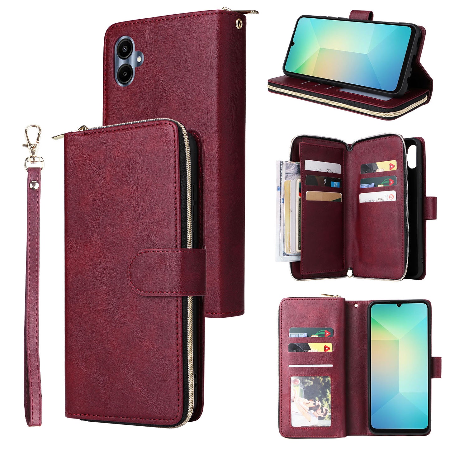For Samsung Galaxy A06 Case Zipper Pocket PU Leather Phone Cover with Hand Strap - Wine Red