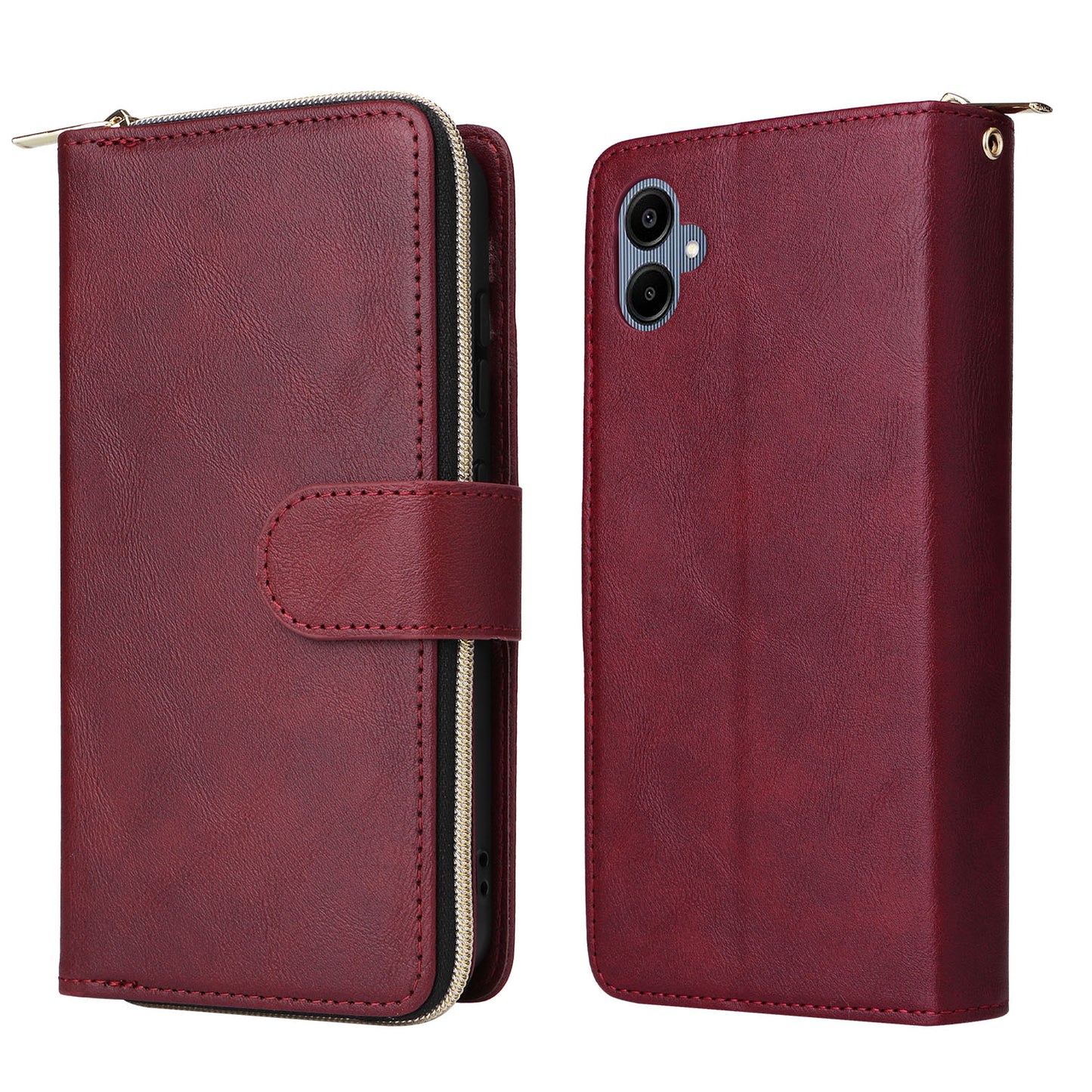 For Samsung Galaxy A06 Case Zipper Pocket PU Leather Phone Cover with Hand Strap - Wine Red