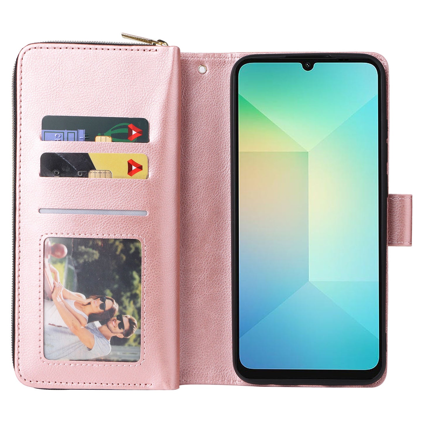 For Samsung Galaxy A06 Case Zipper Pocket PU Leather Phone Cover with Hand Strap - Rose Gold