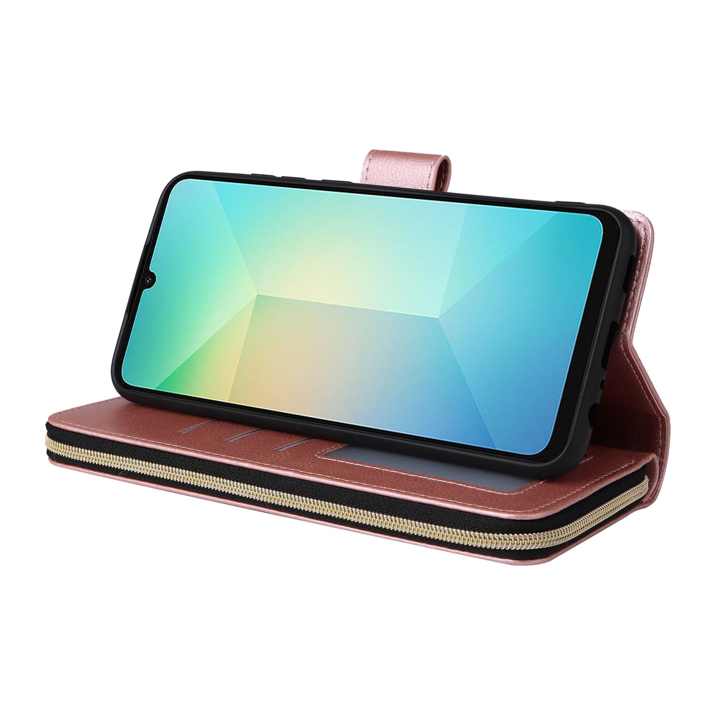 For Samsung Galaxy A06 Case Zipper Pocket PU Leather Phone Cover with Hand Strap - Rose Gold