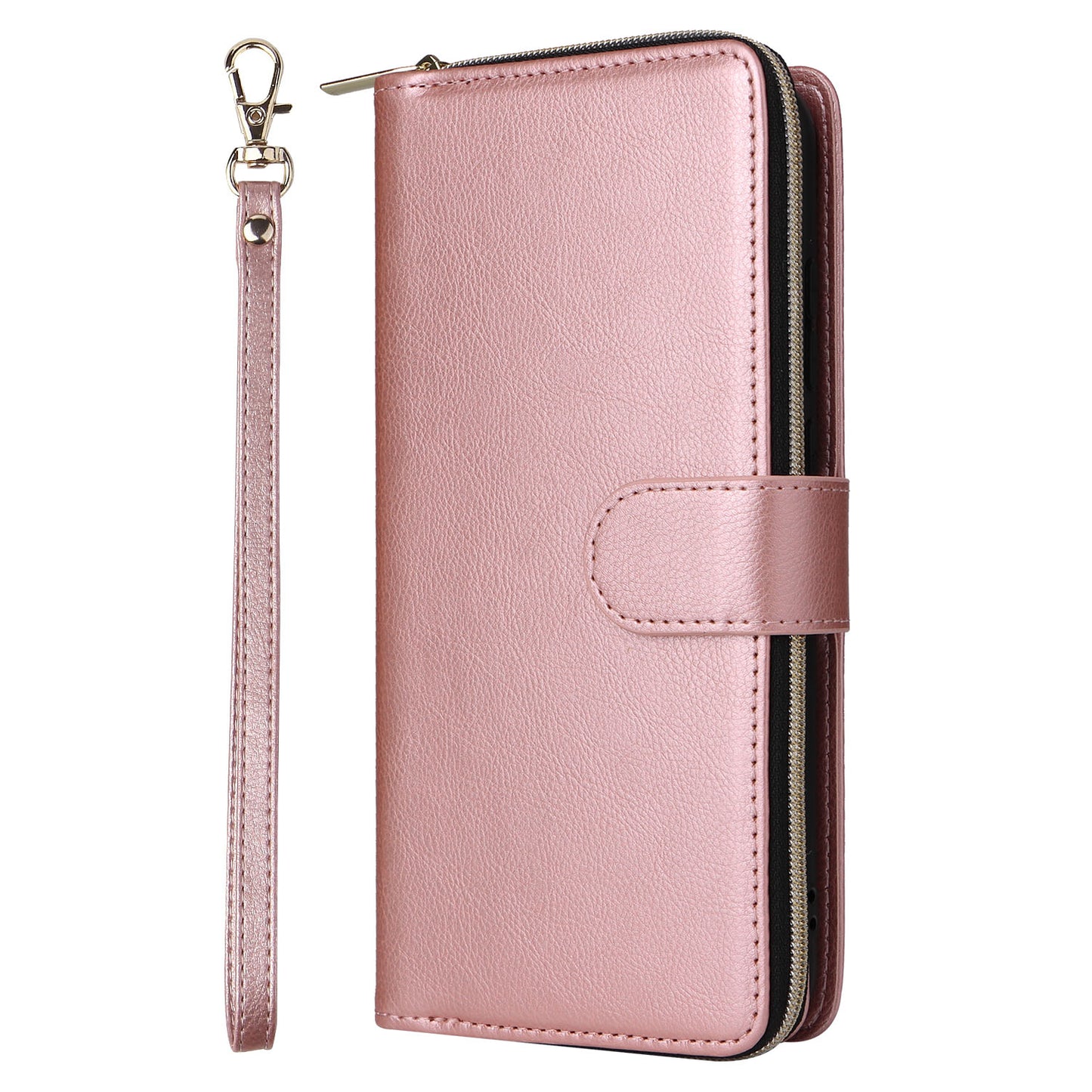For Samsung Galaxy A06 Case Zipper Pocket PU Leather Phone Cover with Hand Strap - Rose Gold