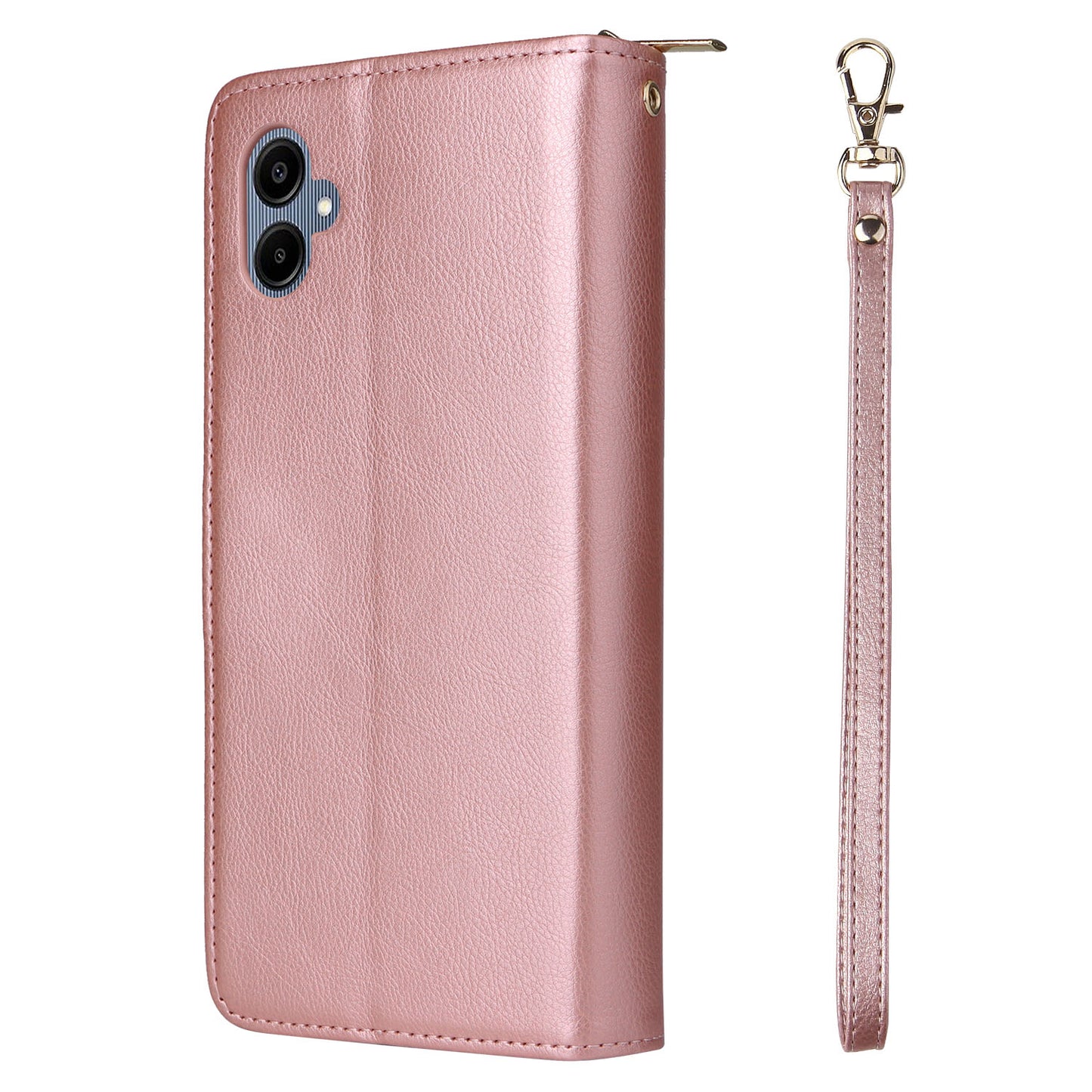 For Samsung Galaxy A06 Case Zipper Pocket PU Leather Phone Cover with Hand Strap - Rose Gold