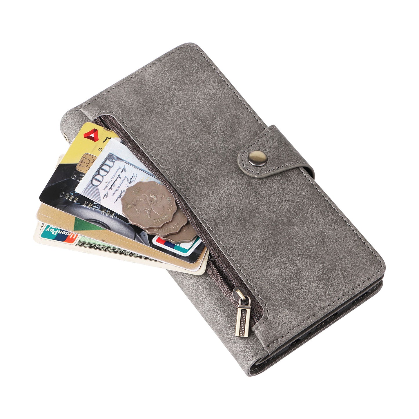 For Samsung Galaxy A06 Case Zipper Wallet Leather Stand Phone Cover Rivet Decor - Grey